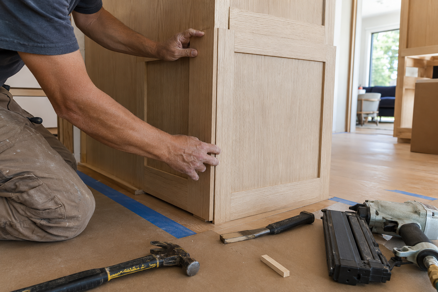 Craftsperson installing custom cabinet panel