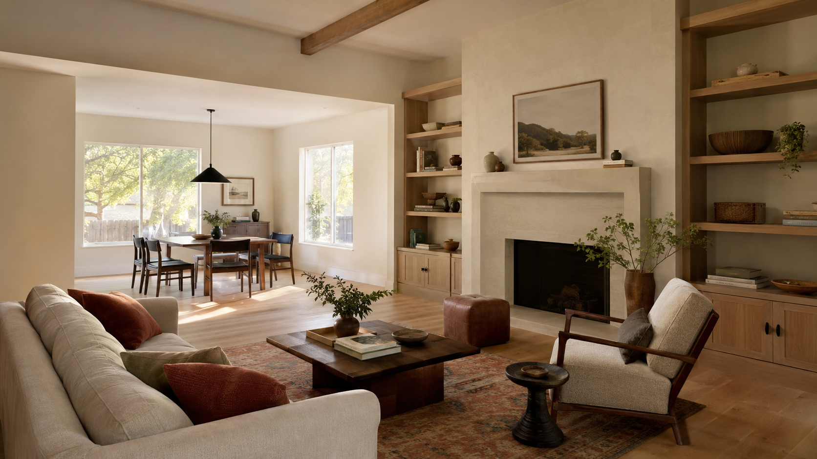 Renovated living room with custom built-ins