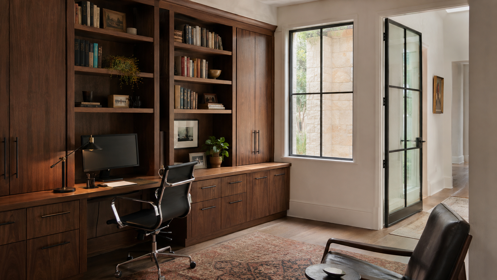 Custom blue and oak living room built-ins