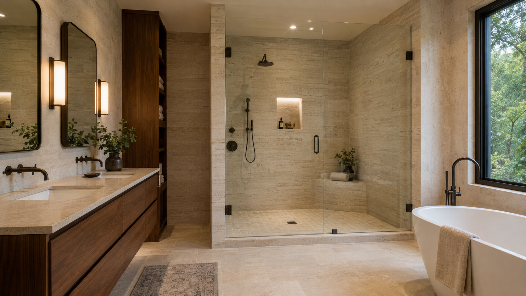 Charcoal tile and walnut primary bathroom remodel